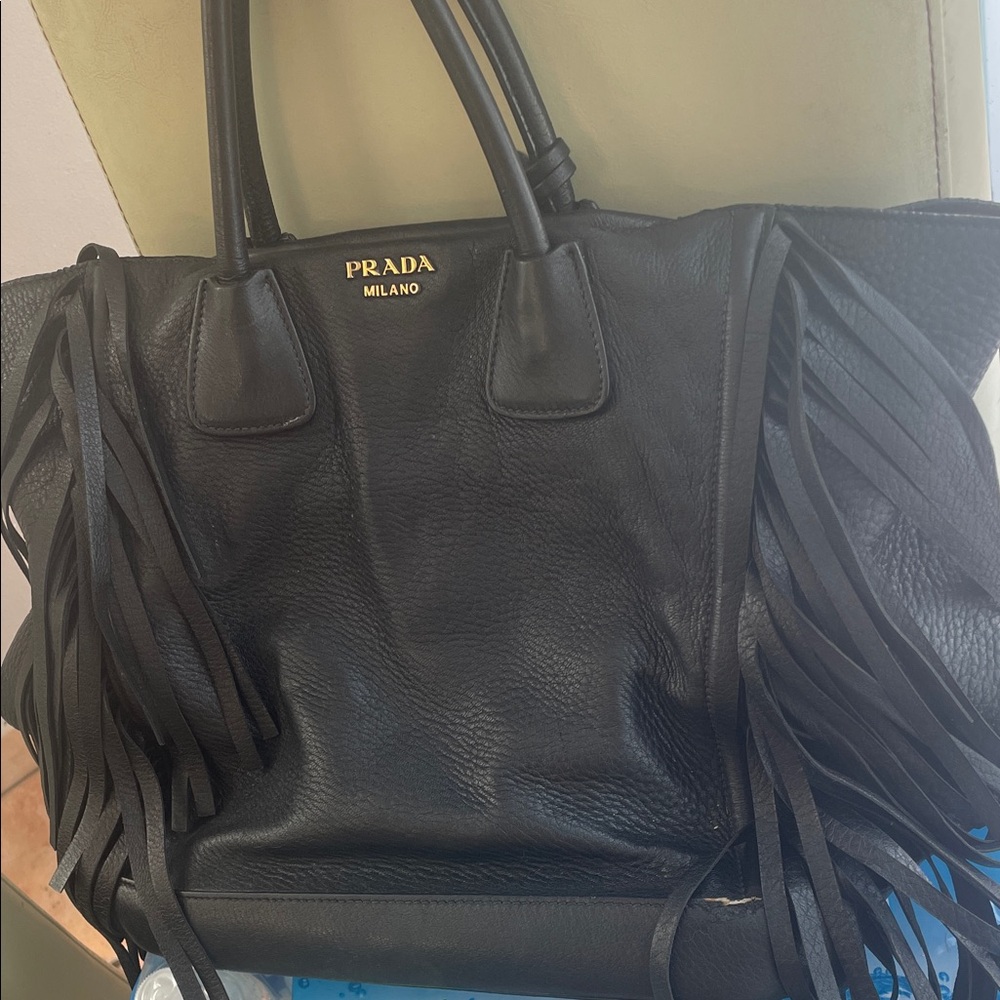 Prada Black Leather Tote with Fringe